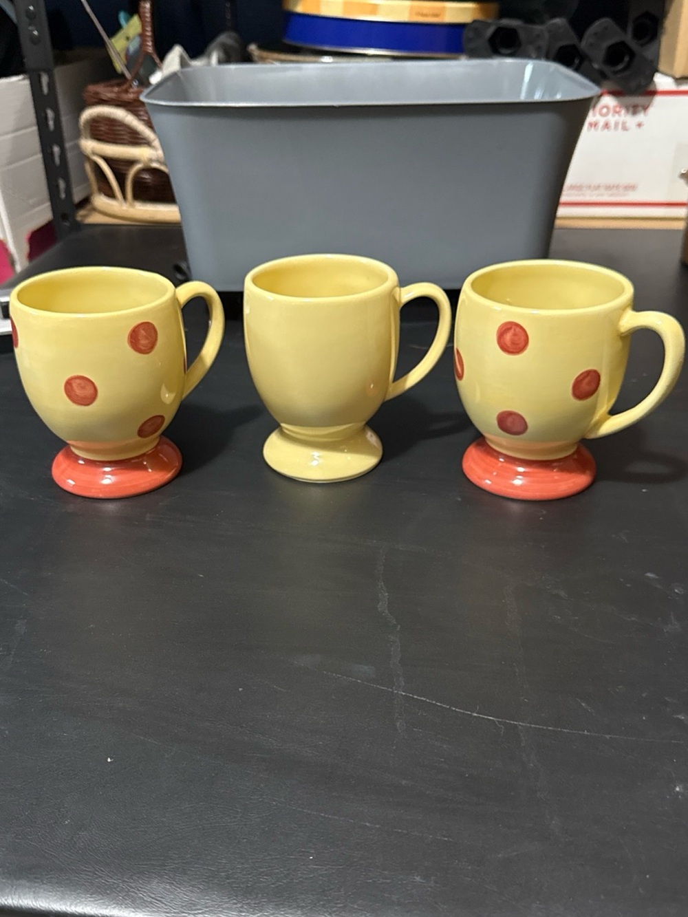 3 Southern Living Yellow and Orange Polka Dot Pedestal Mugs Set